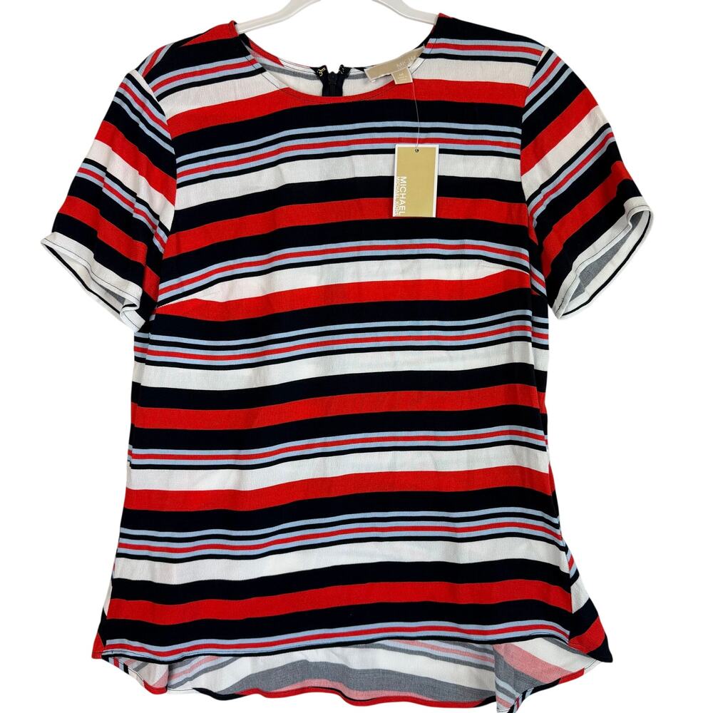 Michael Kors Womens Striped Short Sleeve Top Blouse Red Blue Medium M NWT $90
